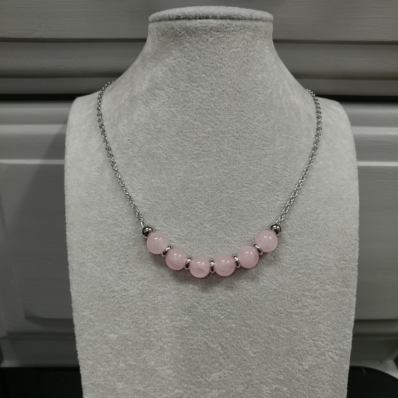 Rose Quartz Bead Necklace Natural Gemstone Crystal Stainless-Steel Chain 20" - Picture 5 of 13